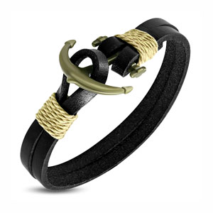 7.5" Black and Brown Leather Anchor Bracelet