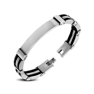 Triple Ring Black Rubber Stainless Steel ID Bracelet